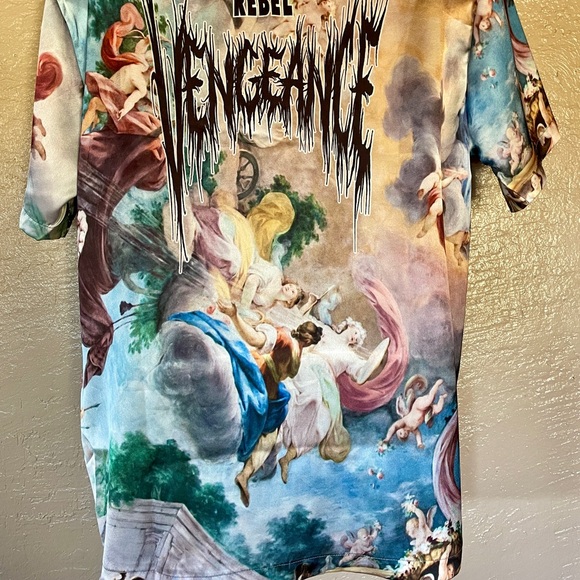 NWT REBEL VENGEANCE Wearable Art ITALIAN Boticelli and LOGO Print Satin SHIRT M - Picture 8 of 16